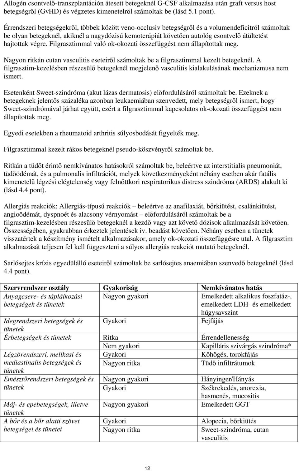 hajtottak végre. Filgrasztimmal való ok-okozati összefüggést nem állapítottak meg. Nagyon ritkán cutan vasculitis eseteiről számoltak be a filgrasztimmal kezelt betegeknél.