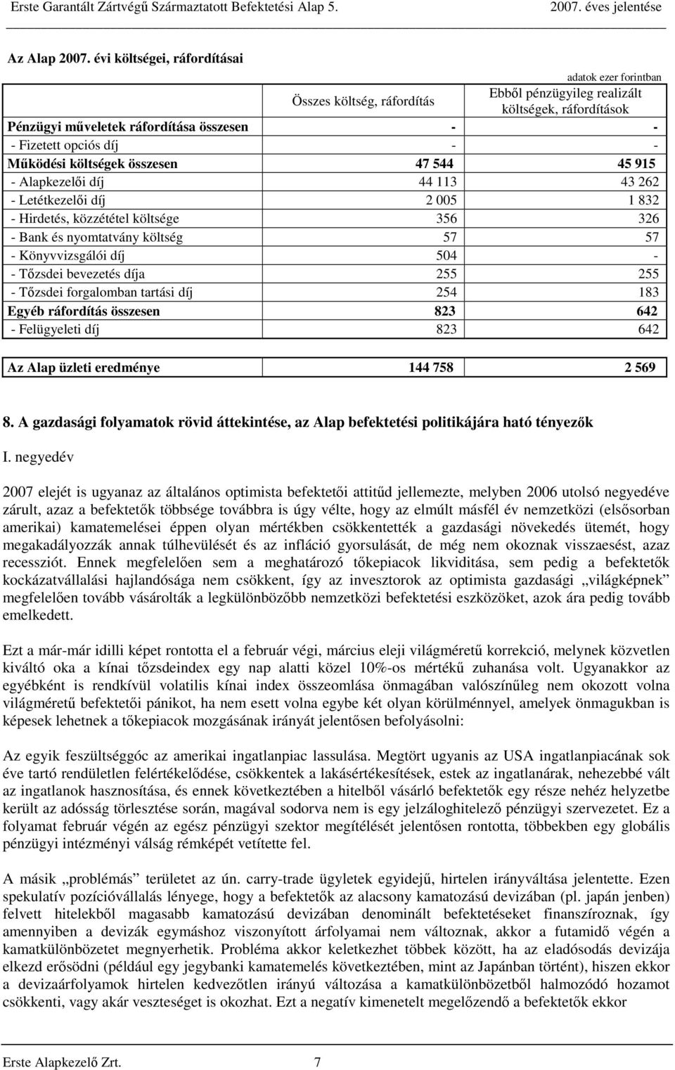 Működési költségek összesen 47 544 45 915 - Alapkezelői díj 44 113 43 262 - Letétkezelői díj 2 005 1 832 - Hirdetés, közzététel költsége 356 326 - Bank és nyomtatvány költség 57 57 - Könyvvizsgálói