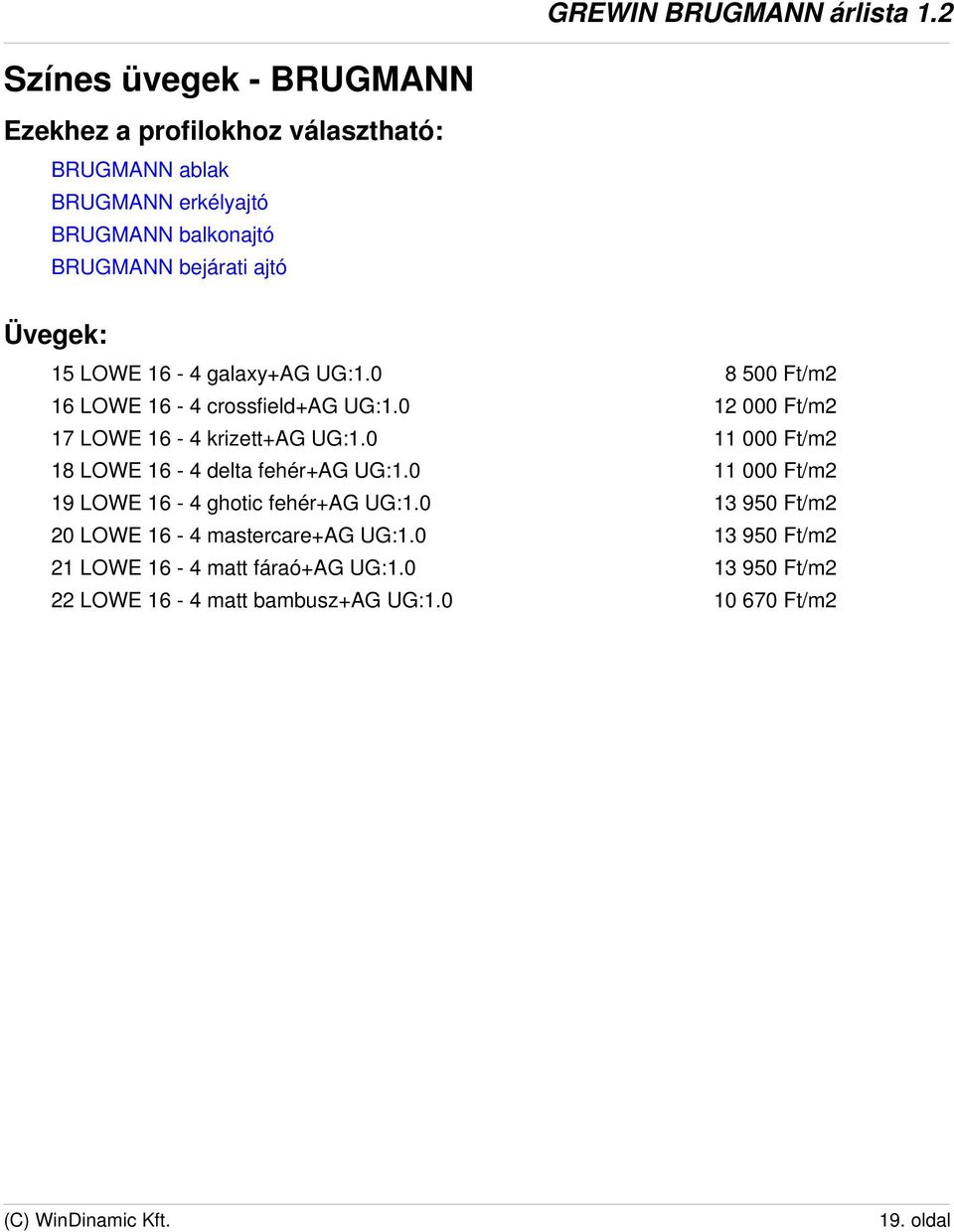 0 12 000 Ft/m2 17 LOWE 16-4 krizett+ag UG:1.0 11 000 Ft/m2 18 LOWE 16-4 delta fehér+ag UG:1.