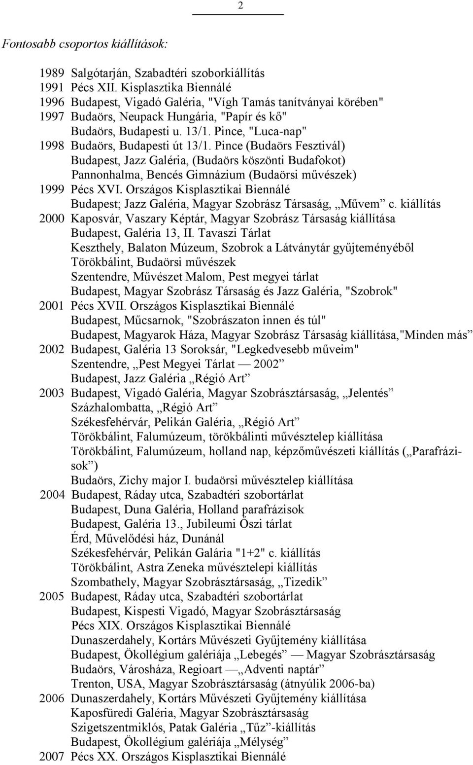 Pince, "Luca-nap" 1998 Budaörs, Budapesti út 13/1. Pince (Budaörs Fesztivál) Budapest, Jazz Galéria, (Budaörs köszönti Budafokot) Pannonhalma, Bencés Gimnázium (Budaörsi művészek) 1999 Pécs XVI.