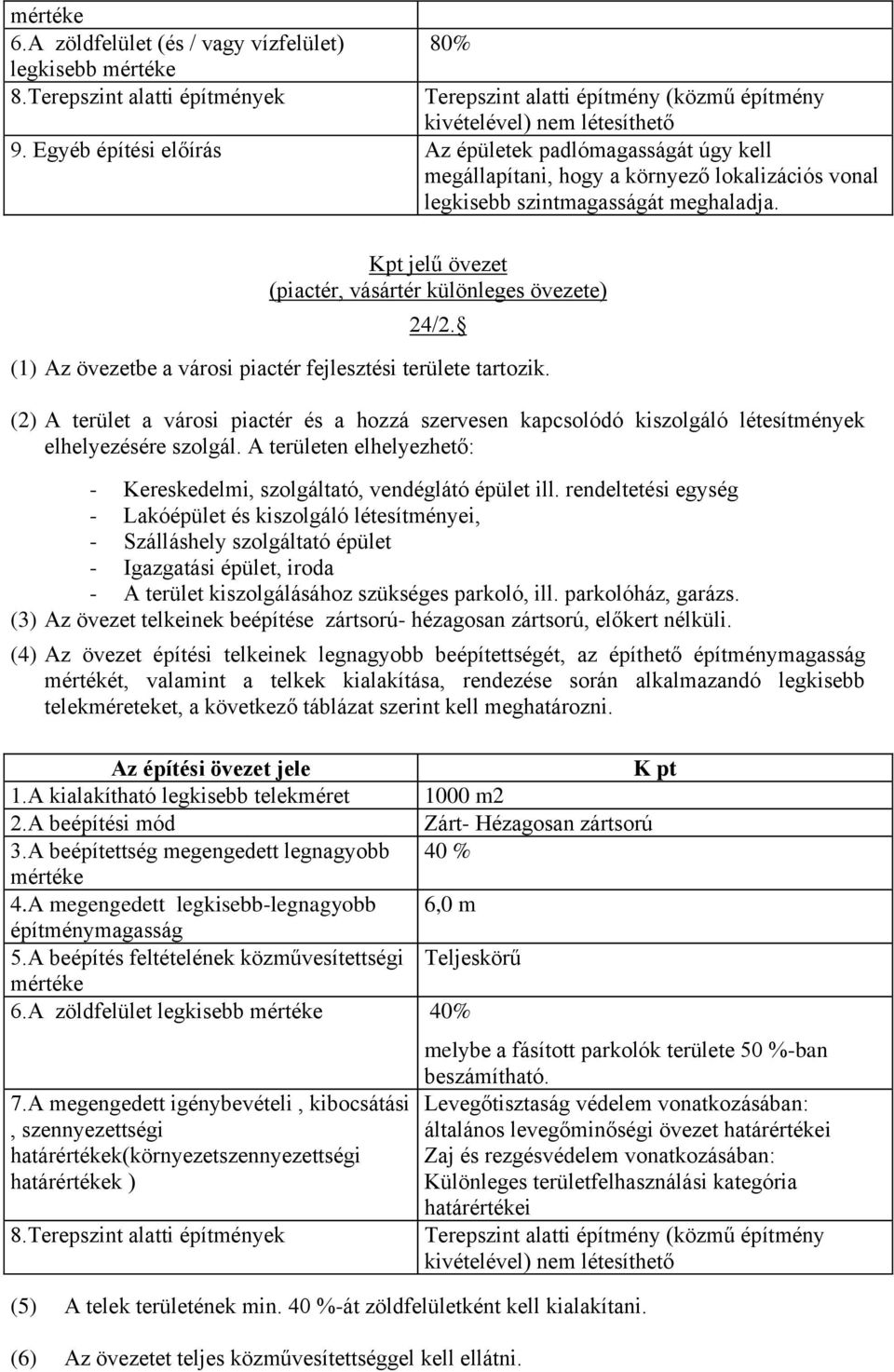 Kpt jelű övezet (piactér, vásártér különleges övezete) 24/2. (1) Az övezetbe a városi piactér fejlesztési területe tartozik.