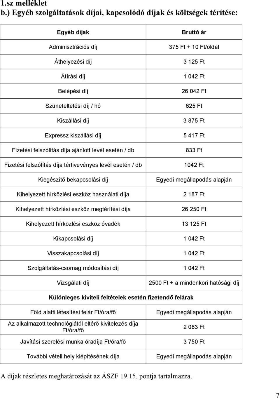 kiszállási díj Fizetési felszólítás díja ajánlott levél esetén / db Fizetési felszólítás díja tértivevényes levél esetén / db Kiegészítő bekapcsolási díj Kihelyezett hírközlési eszköz használati díja