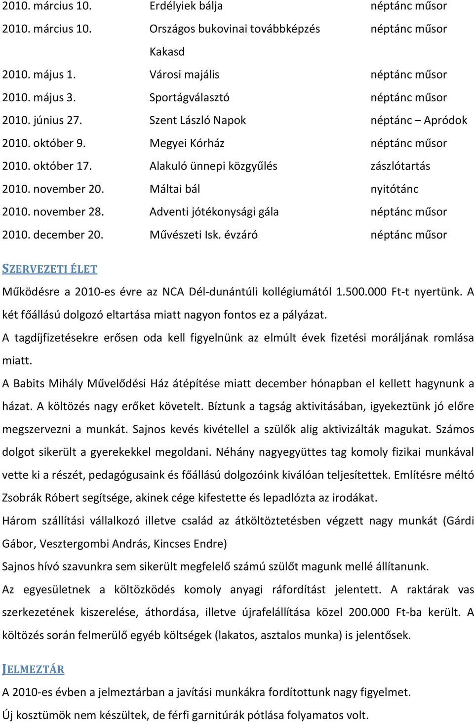 november 20. Máltai bál nyitótánc 2010. november 28. Adventi jótékonysági gála néptánc műsor 2010. december 20. Művészeti Isk.