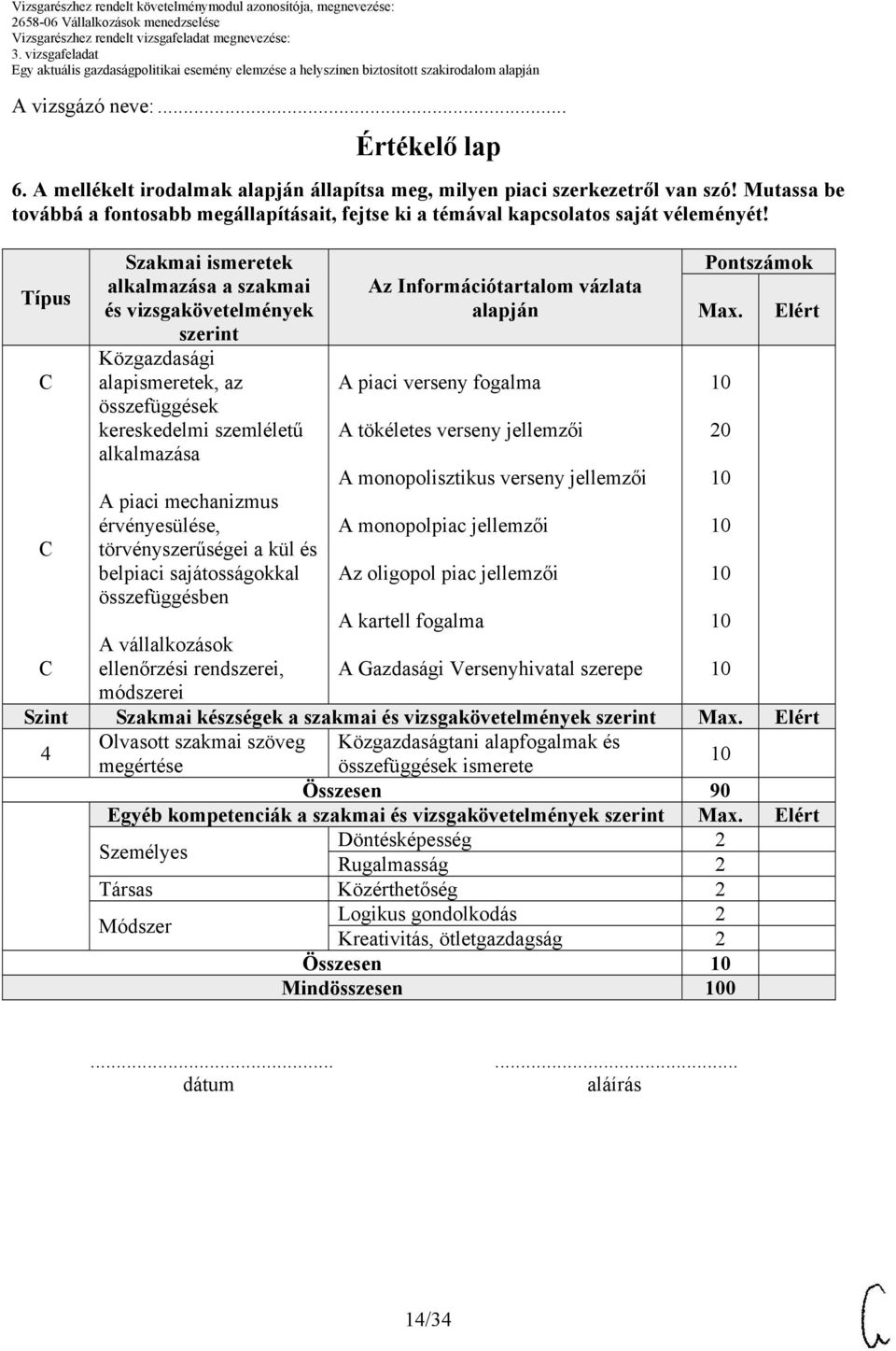 Típus Szakmai ismeretek alkalmazása a szakmai és vizsgakövetelmények szerint Közgazdasági alapismeretek, az összefüggések kereskedelmi szemléletű alkalmazása A piaci mechanizmus érvényesülése,