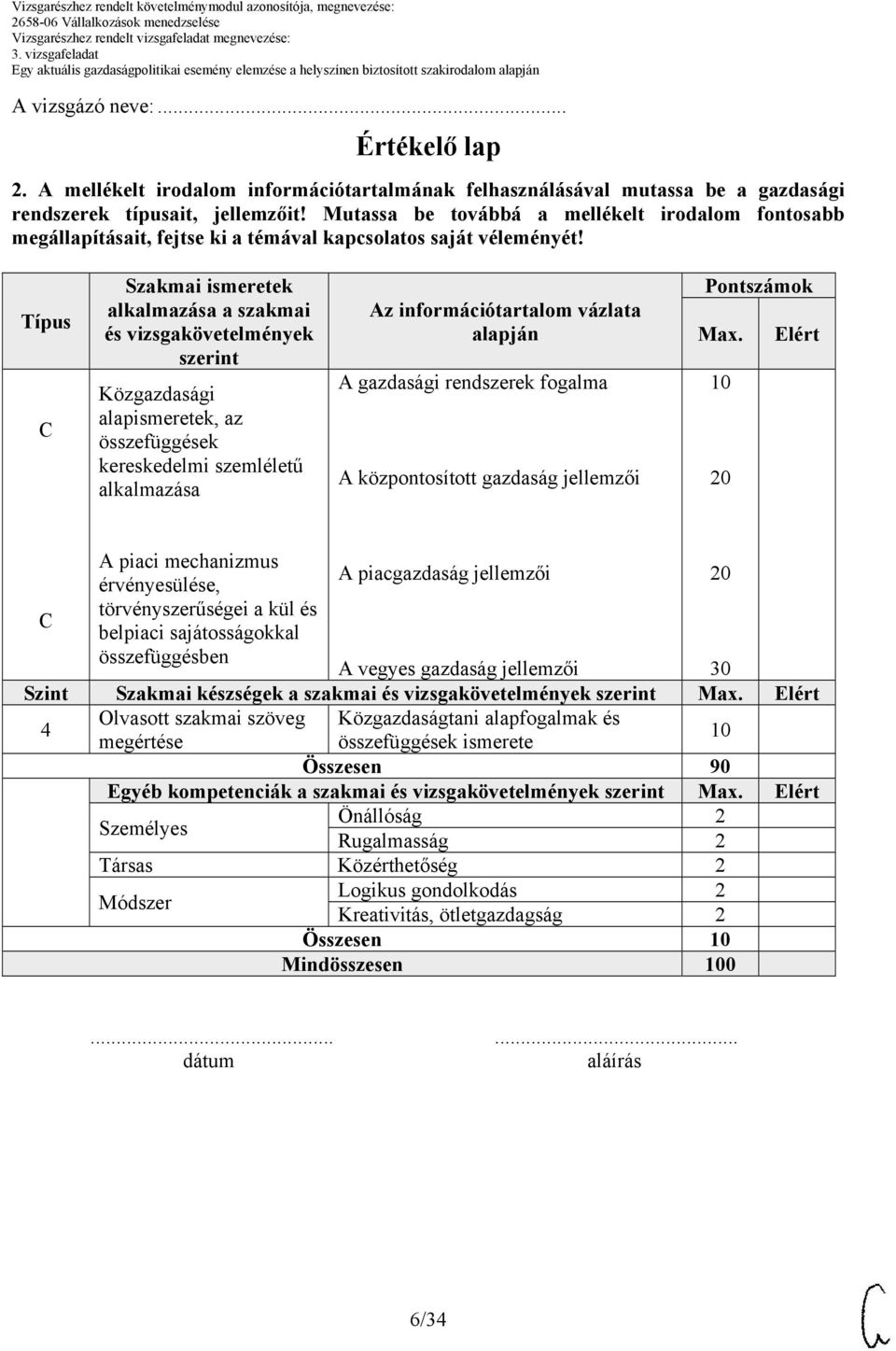 Típus Szakmai ismeretek alkalmazása a szakmai és vizsgakövetelmények szerint Közgazdasági alapismeretek, az összefüggések kereskedelmi szemléletű alkalmazása Az információtartalom vázlata alapján A