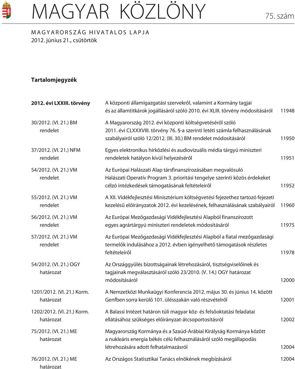 (VI. 21.) NFM rendelet 54/2012. (VI. 21.) VM rendelet 55/2012. (VI. 21.) VM rendelet 56/2012. (VI. 21.) VM rendelet 57/2012. (VI. 21.) VM rendelet 54/2012. (VI. 21.) OGY határozat 1201/2012. (VI. 21.) Korm.