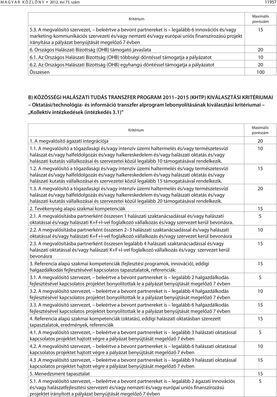 a pályázat benyújtását megelõzõ 7 évben 6. Országos Halászati Bizottság (OHB) támogató javaslata 20