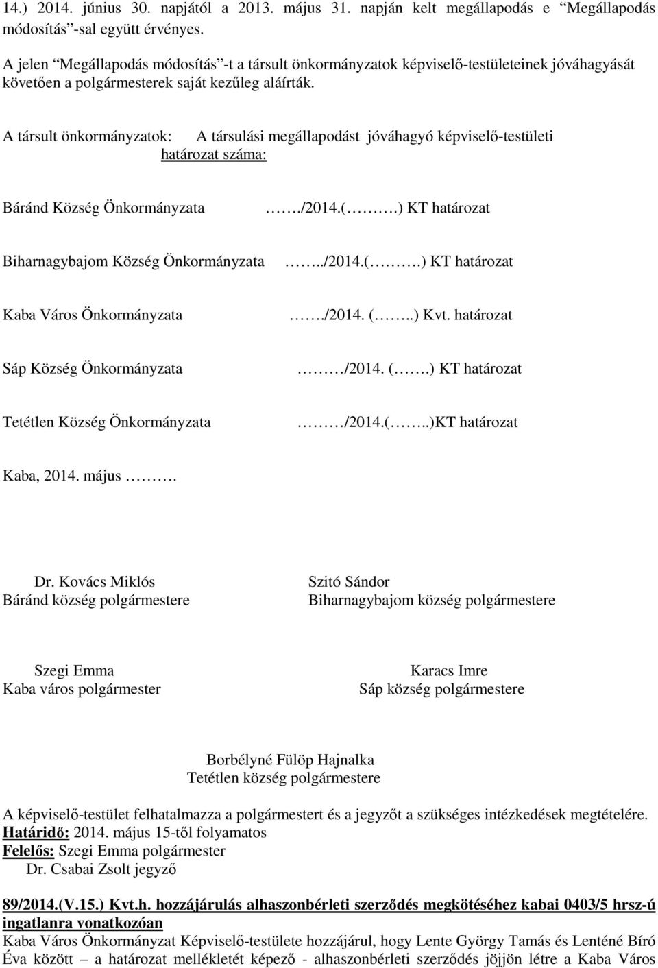 A társult önkormányzatok: A társulási megállapodást jóváhagyó képviselő-testületi határozat száma: Báránd Község Önkormányzata./2014.(.) KT határozat Biharnagybajom Község Önkormányzata../2014.(.) KT határozat Kaba Város Önkormányzata.