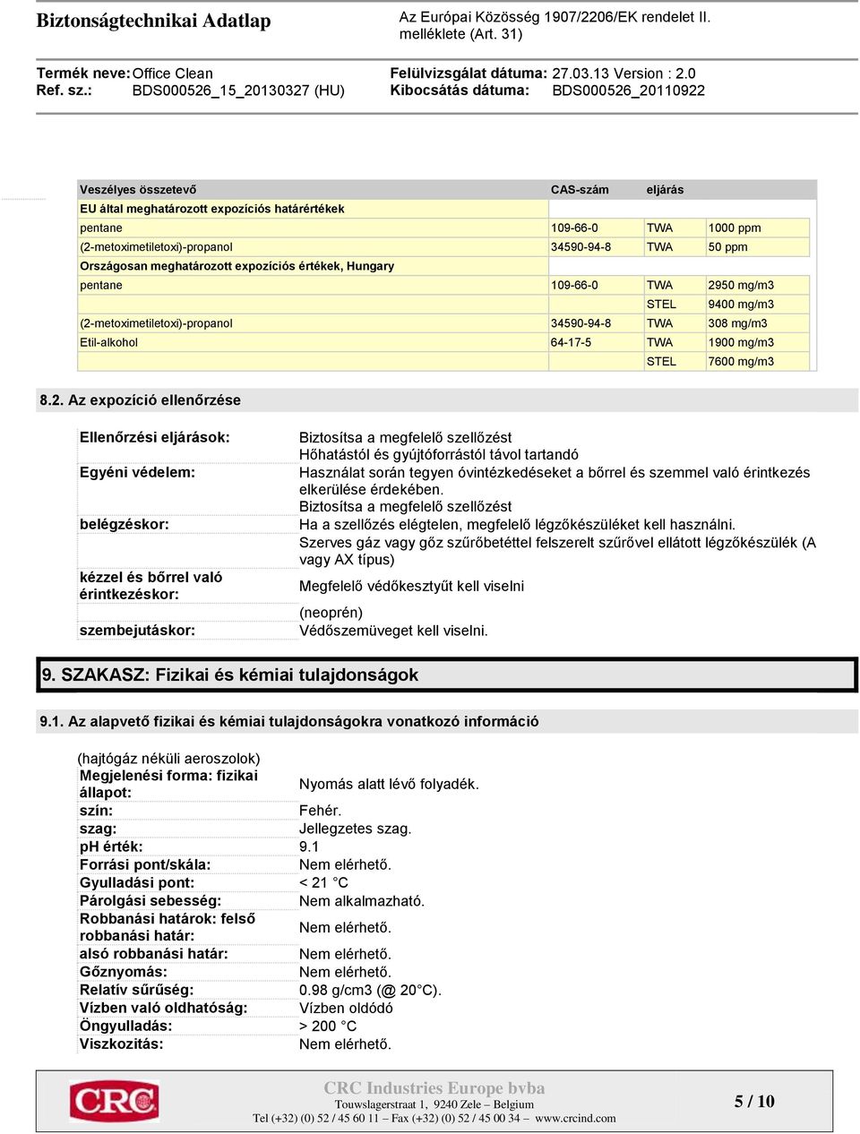 50 mg/m3 STEL 9400 mg/m3 (2-