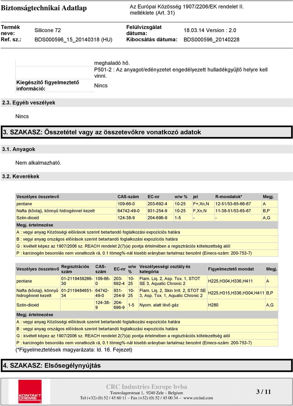 pentane 109-66-0 203-692-4 10-25 F+,Xn,N 12-51/53-65-66-67 A Nafta (kőolaj), könnyű hidrogénnel kezelt 64742-49-0 931-254-9 10-25 F,Xn,N 11-38-51/53-65-67 B,P Szén-dioxid 124-38-9 204-696-9 1-5 - -