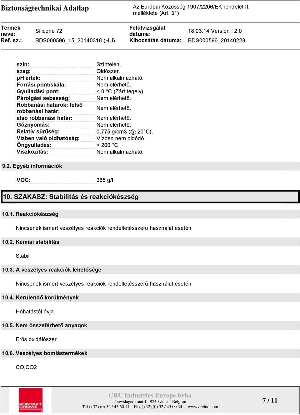 Vízben való oldhatóság: Vízben nem oldódó Öngyulladás: > 200 C Viszkozitás: Nem alkalmazható. 9.2. Egyéb információk VOC: 365 g/l 10