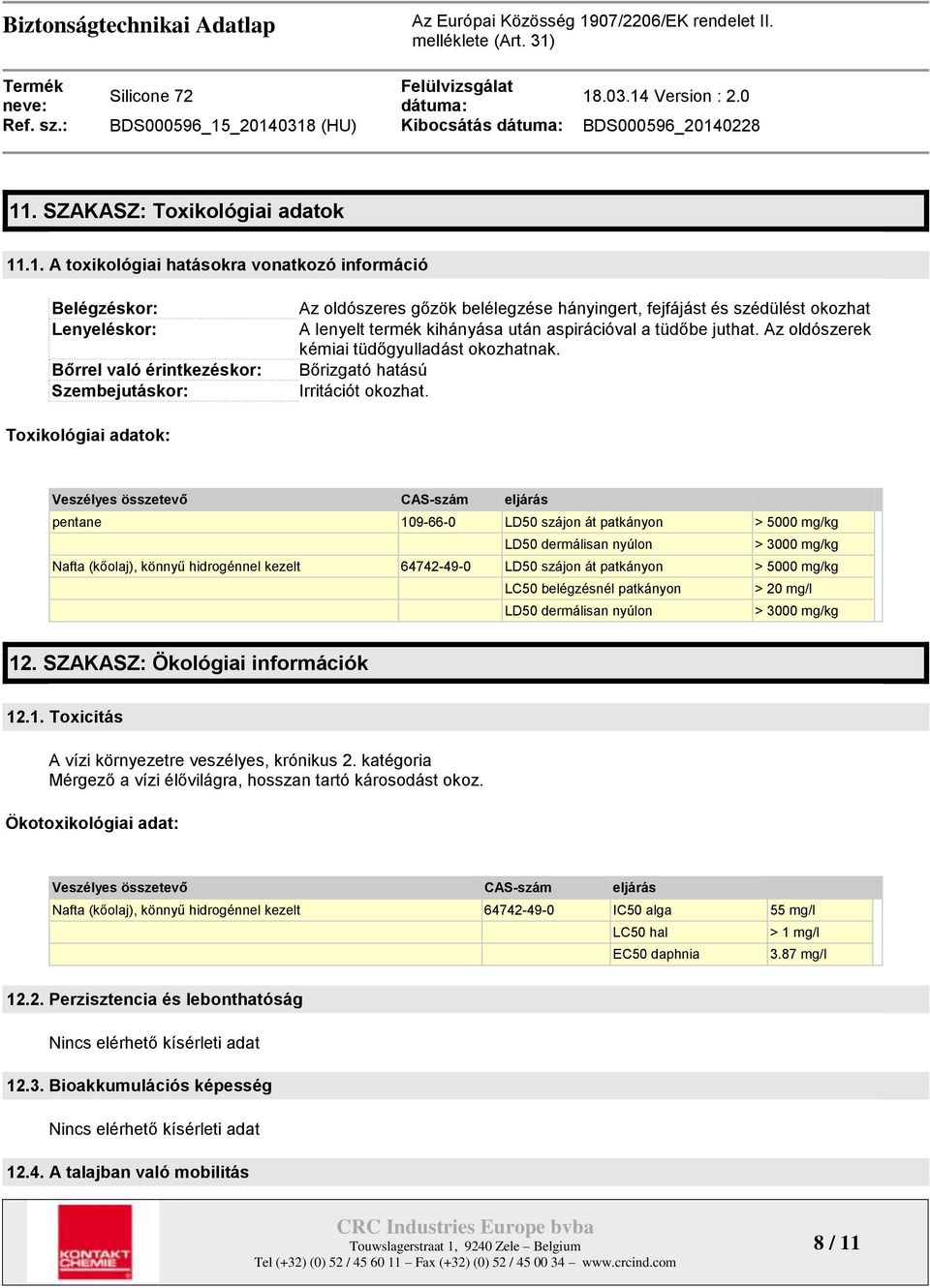 Toxikológiai adatok: Veszélyes összetevő CAS-szám eljárás pentane 109-66-0 LD50 szájon át patkányon > 5000 mg/kg LD50 dermálisan nyúlon > 3000 mg/kg Nafta (kőolaj), könnyű hidrogénnel kezelt