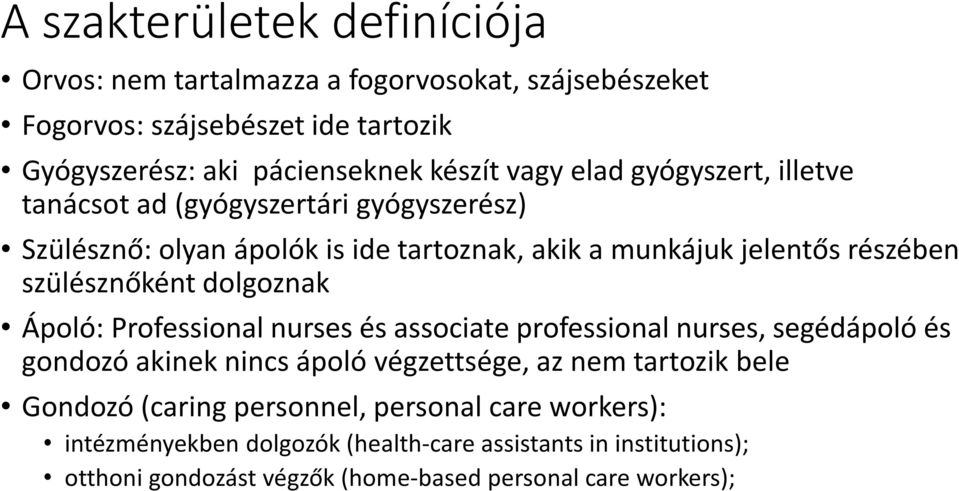 szülésznőként dolgoznak Ápoló: Professional nurses és associate professional nurses, segédápoló és gondozó akinek nincs ápoló végzettsége, az nem tartozik bele