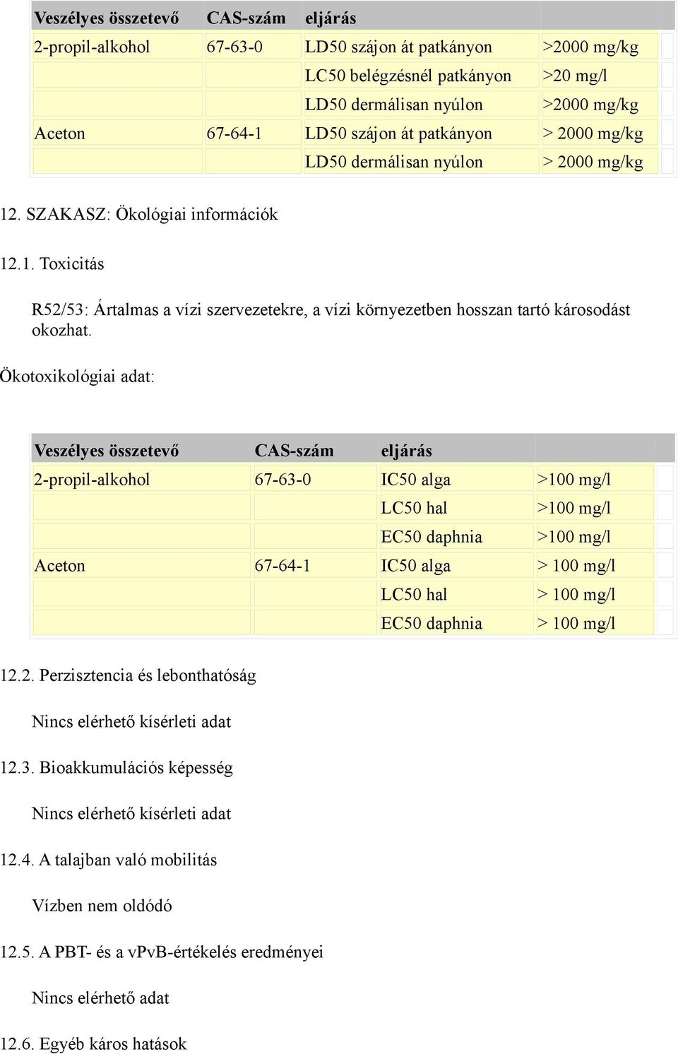 Ökotoxikológiai adat: Veszélyes összetevő CAS-szám eljárás 2-propil-alkohol 67-63-0 IC50 alga >100 mg/l LC50 hal >100 mg/l EC50 daphnia >100 mg/l Aceton 67-64-1 IC50 alga > 100 mg/l LC50 hal > 100