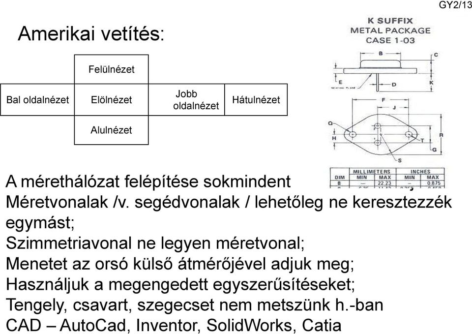 segédvonalak / lehetőleg ne keresztezzék egymást; Szimmetriavonal ne legyen méretvonal; Menetet az orsó külső