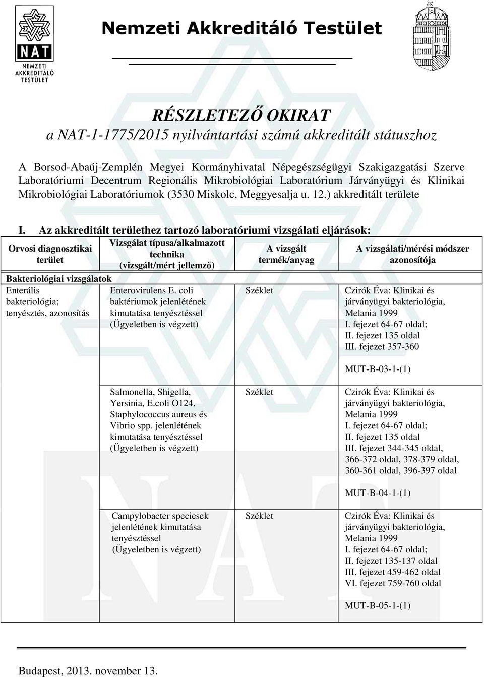 Az akkreditált hez tartozó laboratóriumi vizsgálati eljárások: Bakteriológiai vizsgálatok Enterális Enterovirulens E.