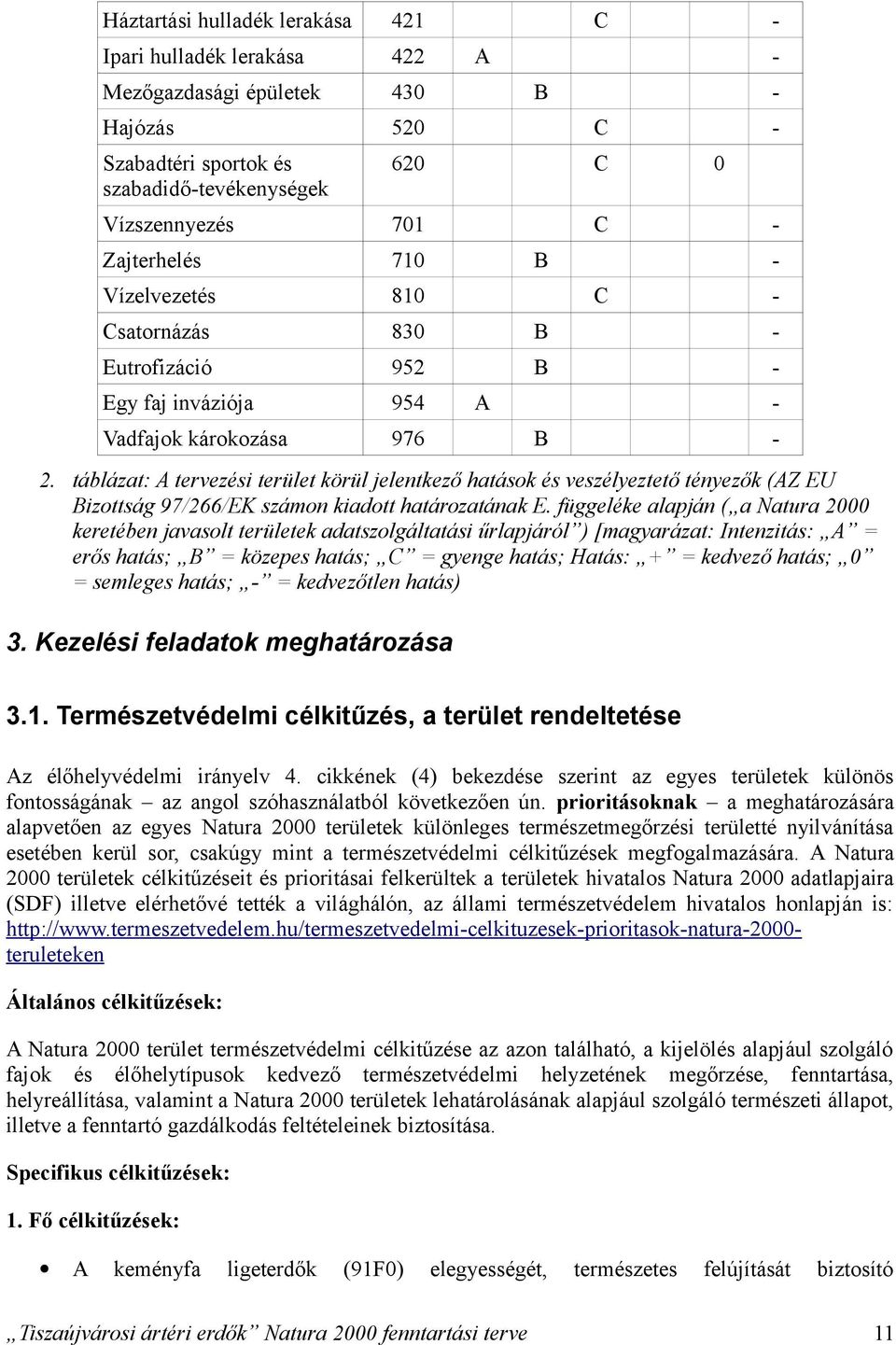 táblázat: A tervezési terület körül jelentkező hatások és veszélyeztető tényezők (AZ EU Bizottság 97/266/EK számon kiadott határozatának E.