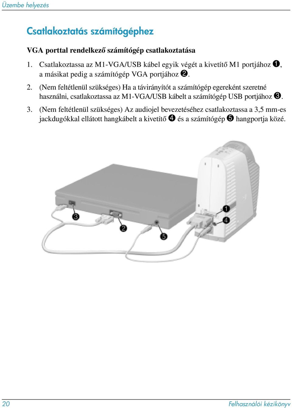 2.(Nem feltétlenül szükséges) Ha a távirányítót a számítógép egereként szeretné használni, csatlakoztassa az M1-VGA/USB kábelt a számítógép