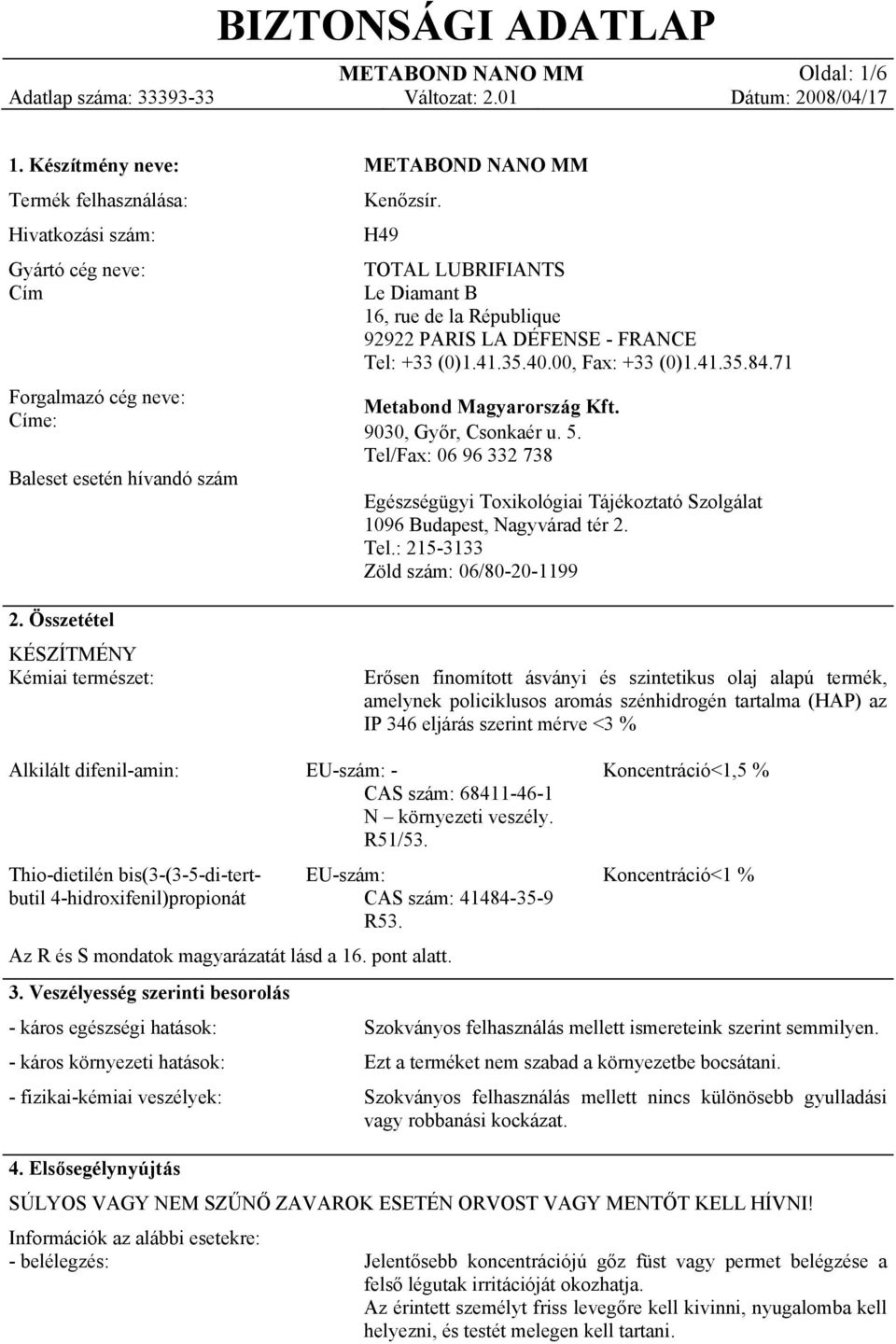 41.35.40.00, Fax: +33 (0)1.41.35.84.71 Metabond Magyarország Kft. 9030, Győr, Csonkaér u. 5. Tel/Fax: 06 96 332 738 Egészségügyi Toxikológiai Tájékoztató Szolgálat 1096 Budapest, Nagyvárad tér 2. Tel.: 215-3133 Zöld szám: 06/80-20-1199 2.