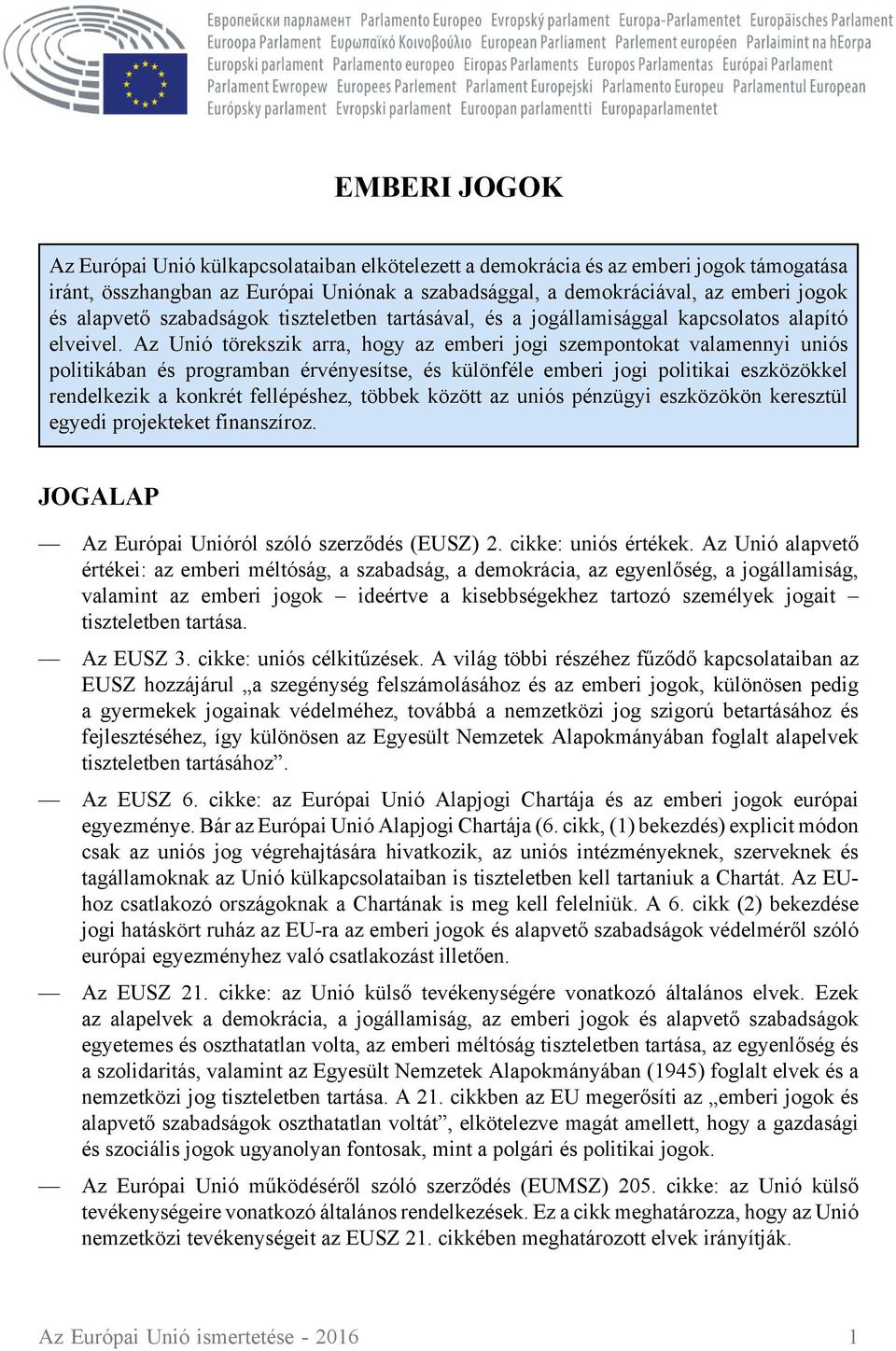 Az Unió törekszik arra, hogy az emberi jogi szempontokat valamennyi uniós politikában és programban érvényesítse, és különféle emberi jogi politikai eszközökkel rendelkezik a konkrét fellépéshez,