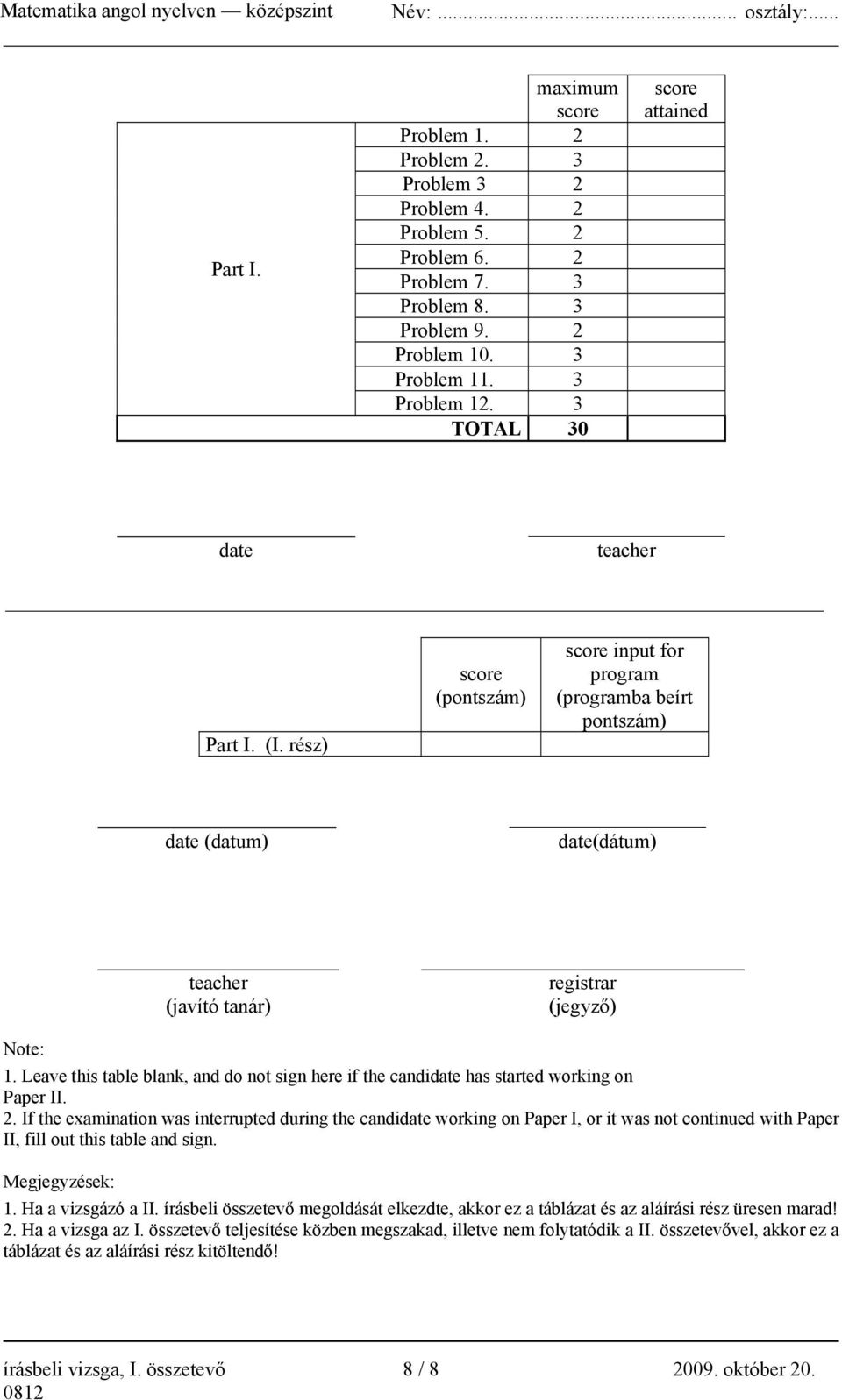 Leave this table blank, and do not sign here if the candidate has started working on Paper II. 2.