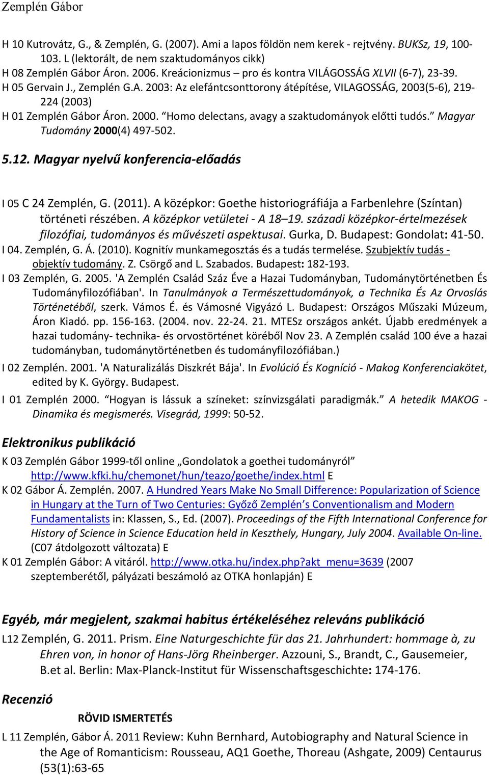 Homo delectans, avagy a szaktudományok előtti tudós. Magyar Tudomány 2000(4) 497 502. 5.12. Magyar nyelvű konferencia előadás I 05 C 24 Zemplén, G. (2011).