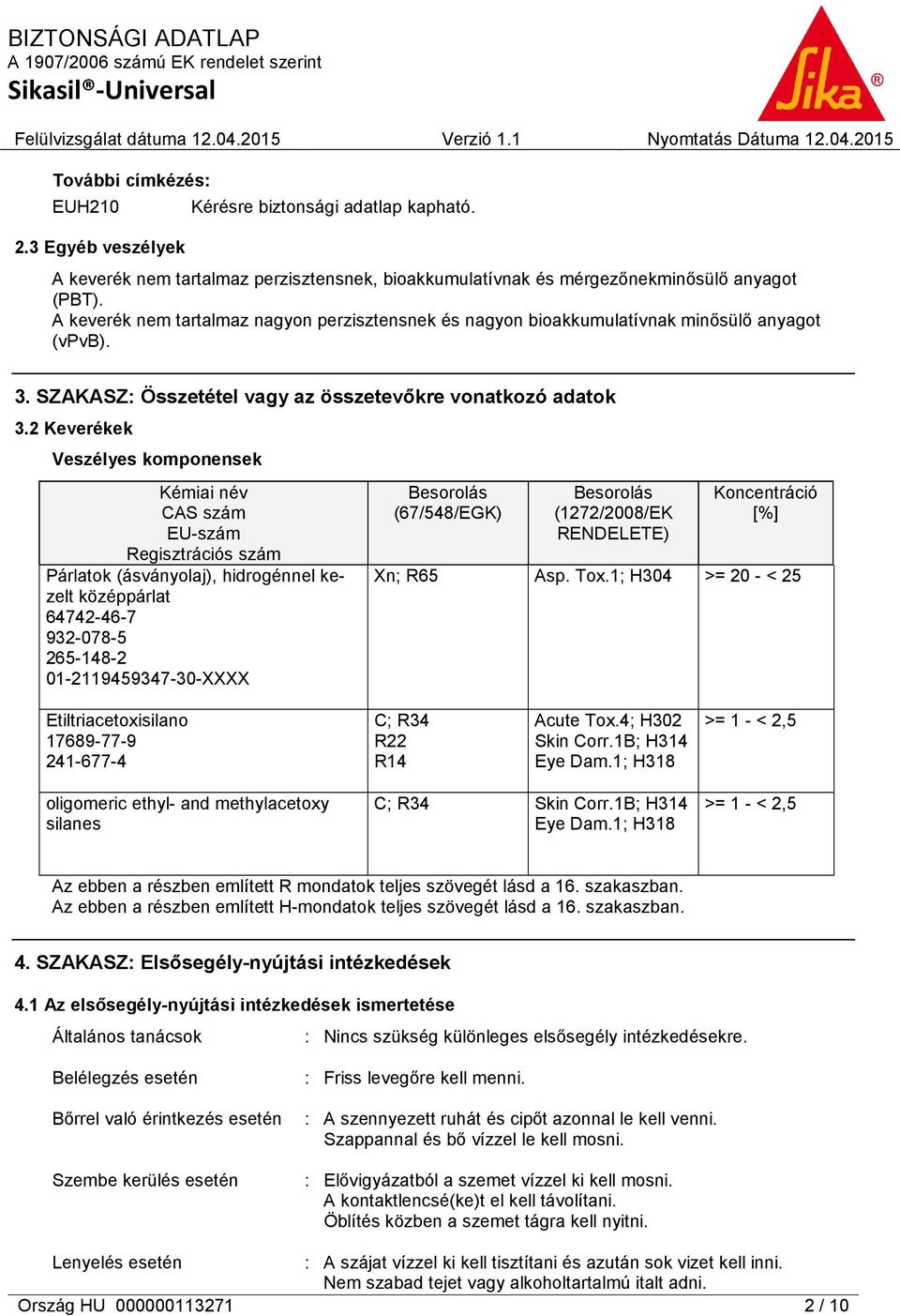 2 Keverékek Veszélyes komponensek Kémiai név CAS szám EU-szám Regisztrációs szám Párlatok (ásványolaj), hidrogénnel kezelt középpárlat 64742-46-7 932-078-5 265-148-2 01-2119459347-30-XXXX Besorolás