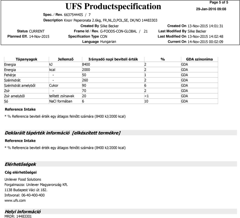 (8400 kj/2000 kcal) Deklarált tápérték információ [elkészített termékre] Reference Intake * % Referencia beviteli érték egy átlagos felnőtt számára (8400 kj/2000 kcal)