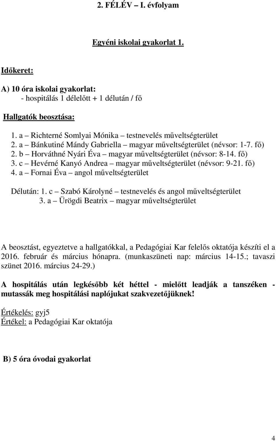 c Hevérné Kanyó Andrea magyar műveltségterület (névsor: 9-21. fő) 4. a Fornai Éva angol műveltségterület Délután: 1. c Szabó Károlyné testnevelés és angol műveltségterület 3.