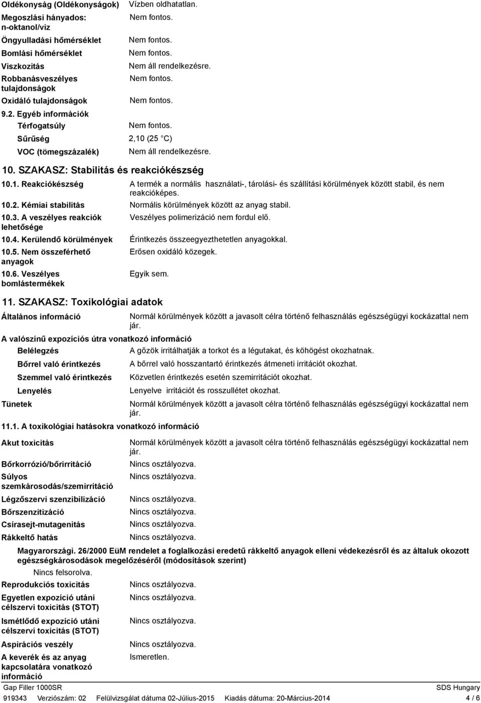 A veszélyes reakciók lehetősége 10.4. Kerülendő körülmények 10.5. Nem összeférhető anyagok 10.6.