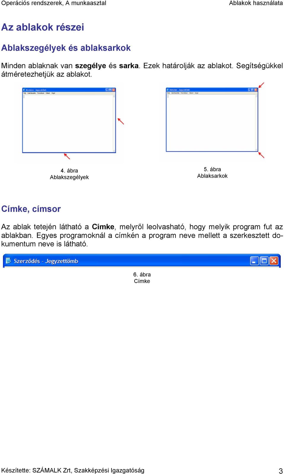 ábra Ablaksarkok Címke, címsor Az ablak tetején látható a Címke, melyről leolvasható, hogy melyik program fut az