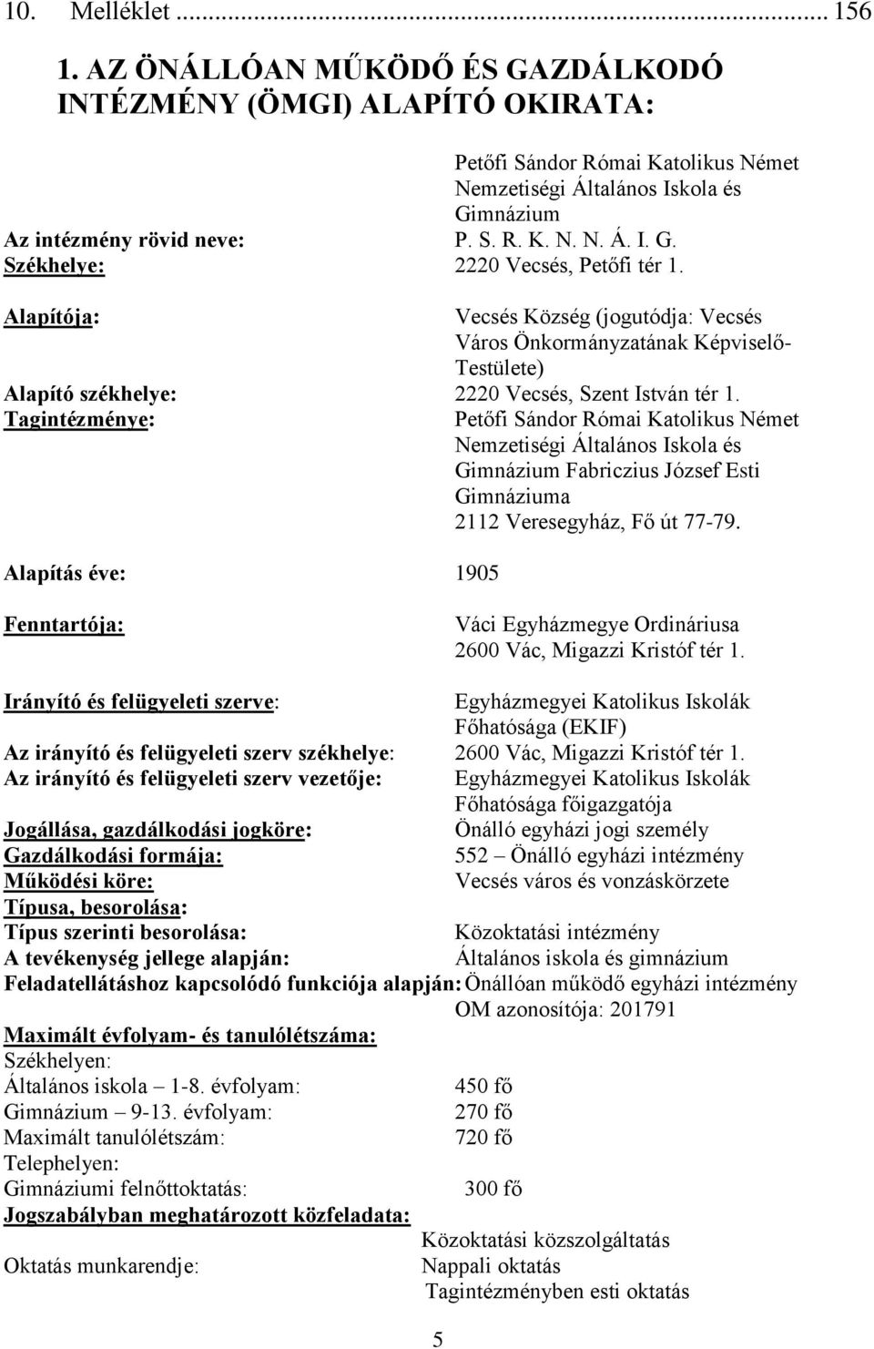Tagintézménye: Petőfi Sándor Római Katolikus Német Nemzetiségi Általános Iskola és Gimnázium Fabriczius József Esti Gimnáziuma 2112 Veresegyház, Fő út 77-79.