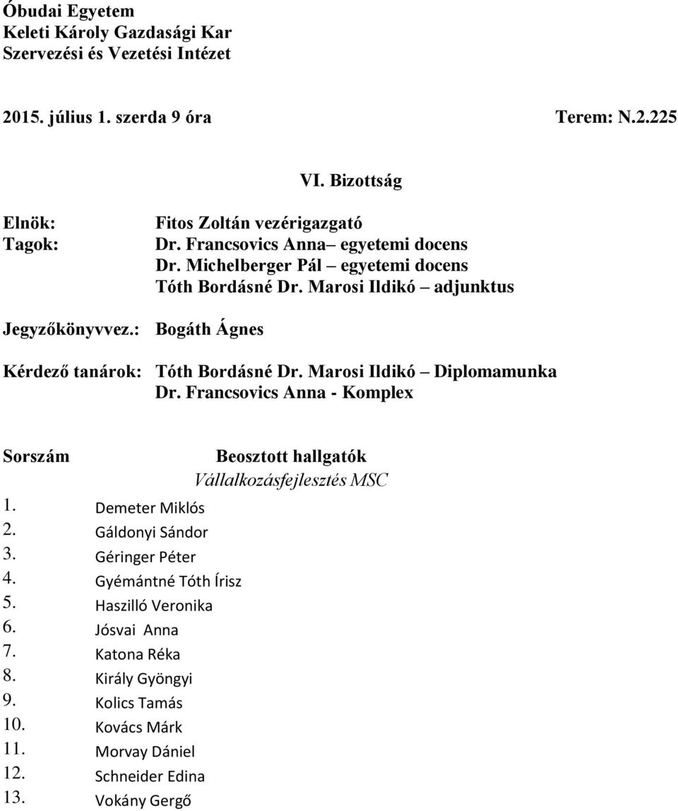 Marosi Ildikó Diplomamunka Dr. Francsovics Anna - Komplex 1. Demeter Miklós 2. Gáldonyi Sándor 3. Géringer Péter 4. Gyémántné Tóth Írisz 5.