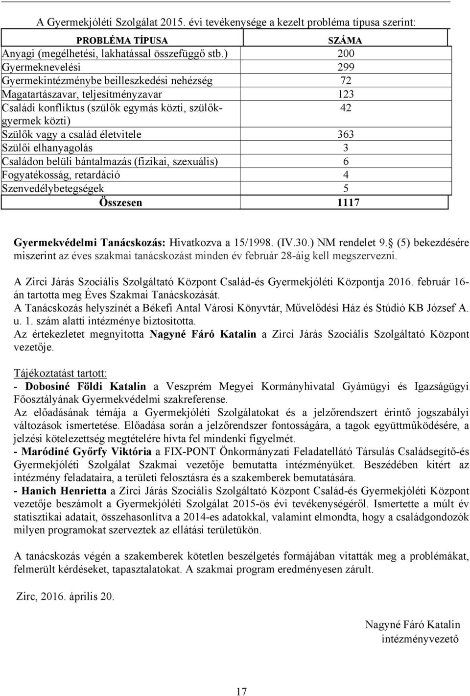 életvitele 363 Szülői elhanyagolás 3 Családon belüli bántalmazás (fizikai, szexuális) 6 Fogyatékosság, retardáció 4 Szenvedélybetegségek 5 Összesen 1117 Gyermekvédelmi Tanácskozás: Hivatkozva a