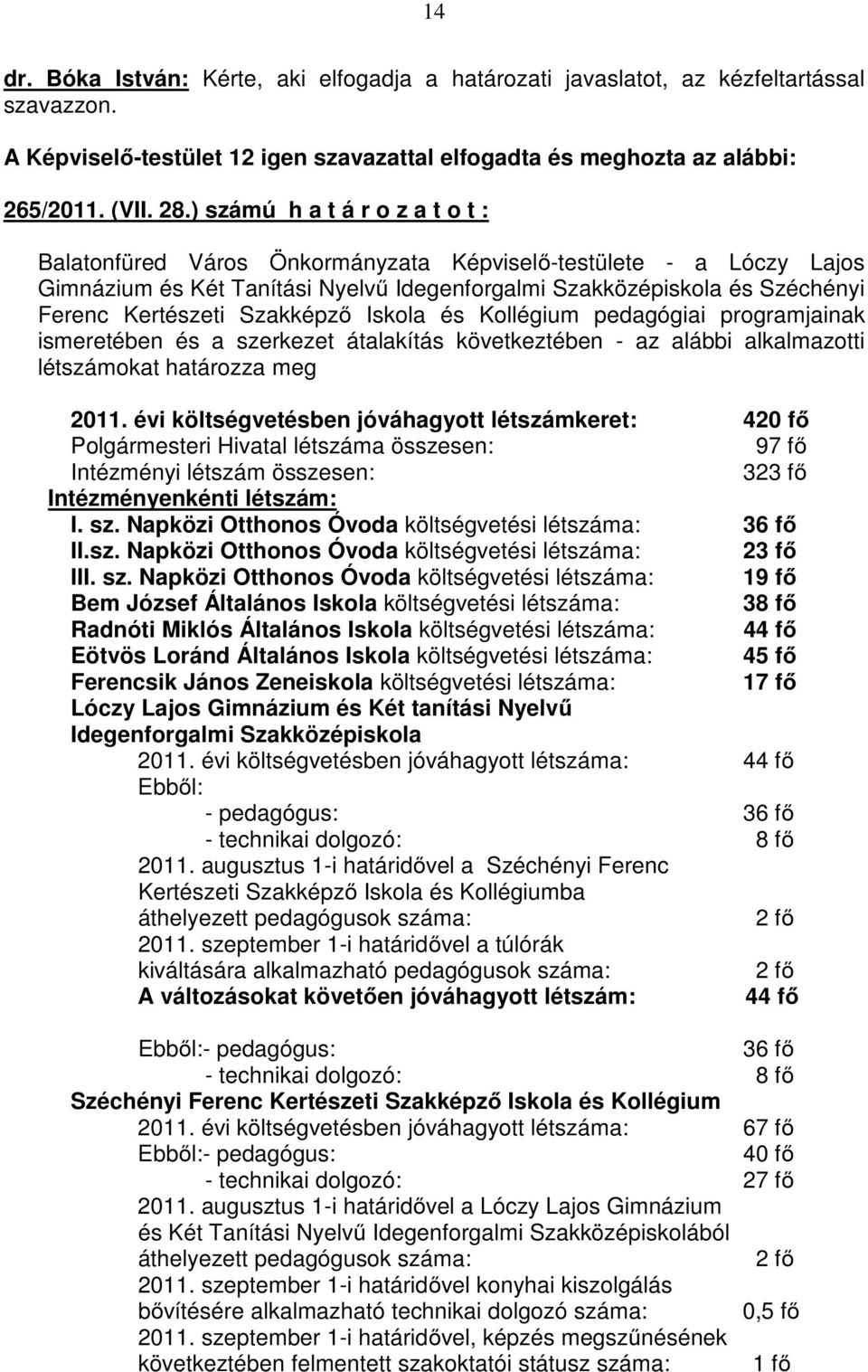 Szakképzı Iskola és Kollégium pedagógiai programjainak ismeretében és a szerkezet átalakítás következtében - az alábbi alkalmazotti létszámokat határozza meg 2011.