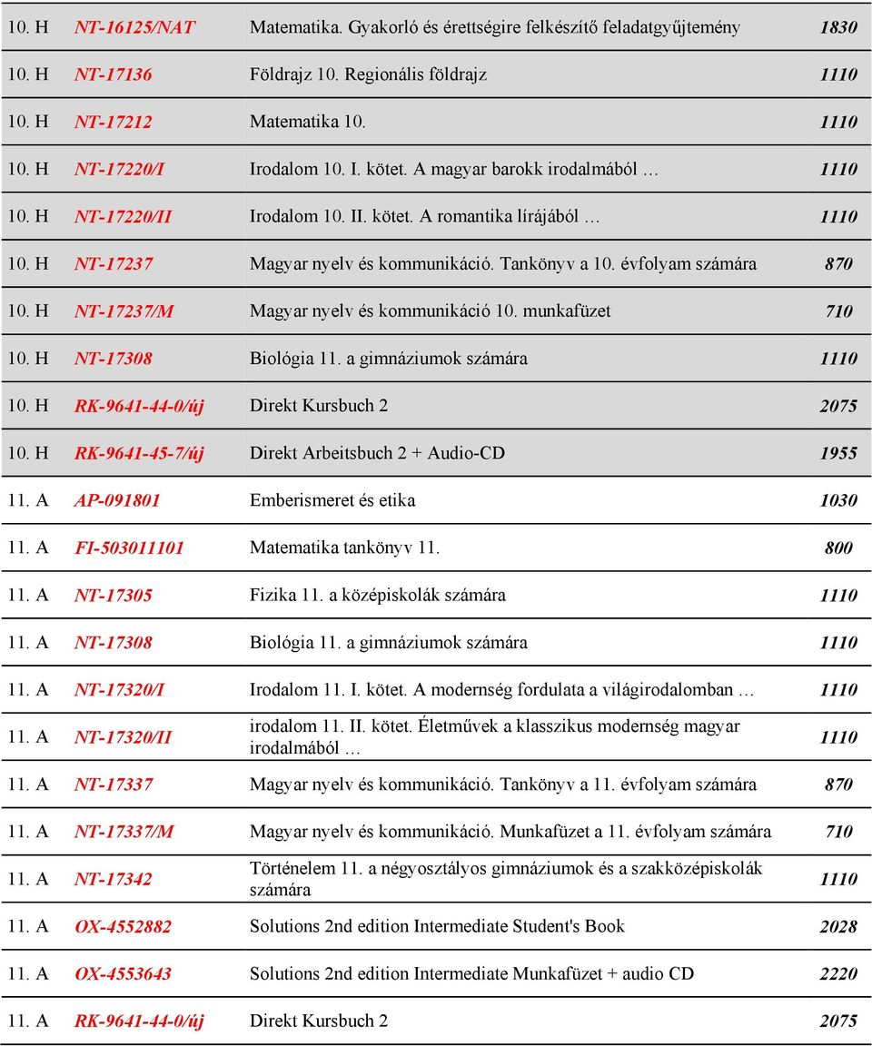 H NT-17237/M Magyar nyelv és kommunikáció 10. munkafüzet 710 10. H NT-17308 Biológia 11. a gimnáziumok 10. H RK-9641-44-0/új Direkt Kursbuch 2 2075 10.