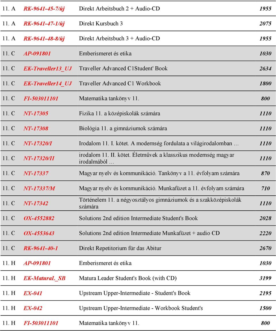C FI-50301 Matematika tankönyv 11. 800 11. C NT-17305 Fizika 11. a középiskolák 11. C NT-17308 Biológia 11. a gimnáziumok 11. C NT-17320/I Irodalom 11. I. kötet.