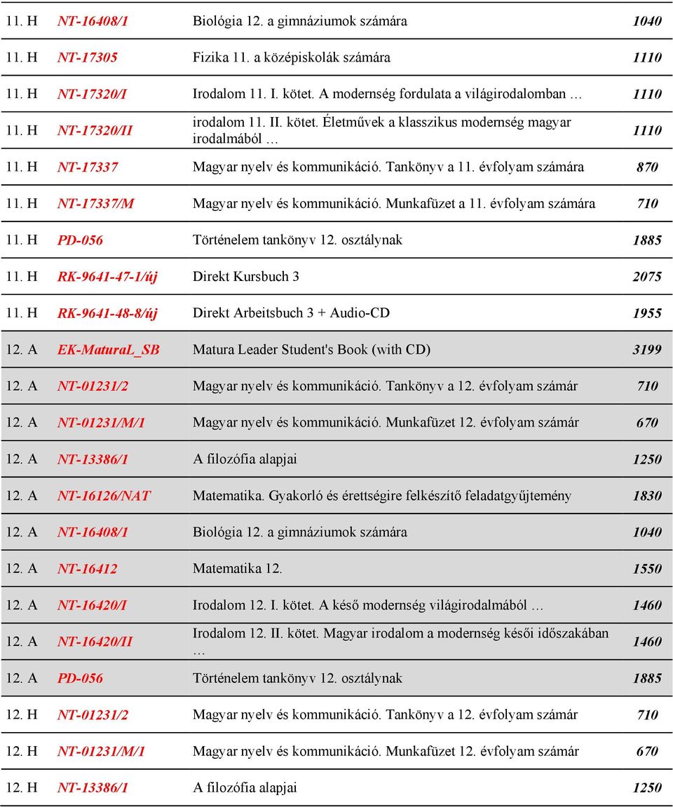 H NT-17337/M Magyar nyelv és kommunikáció. Munkafüzet a 11. évfolyam 710 11. H PD-056 Történelem tankönyv 12. osztálynak 1885 11. H RK-9641-47-1/új Direkt Kursbuch 3 2075 11.