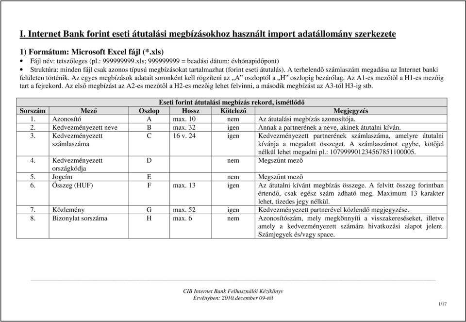 A terhelendı számlaszám megadása az Internet banki felületen történik. Az egyes megbízások adatait soronként kell rögzíteni az A oszloptól a H oszlopig bezárólag.