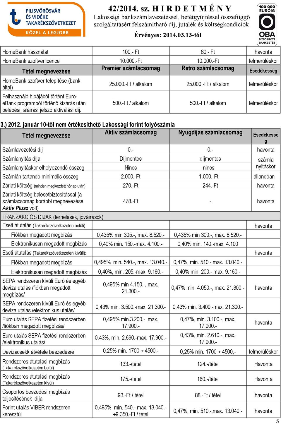 -Ft Premier számlacsomag Retro számlacsomag HomeBank szoftver telepítése (bank által) Felhasználó hibájából történt EuroeBank programból történı kizárás utáni belépési, aláírási jelszó aktiválási díj.