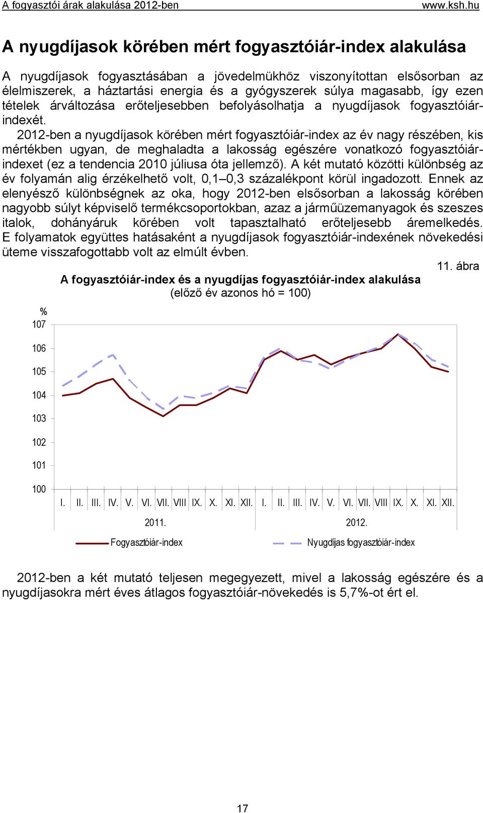 2012-ben a nyugdíjasok körében mért fogyasztóiár-index az év nagy részében, kis mértékben ugyan, de meghaladta a lakosság egészére vonatkozó fogyasztóiárindexet (ez a tendencia 2010 júliusa óta