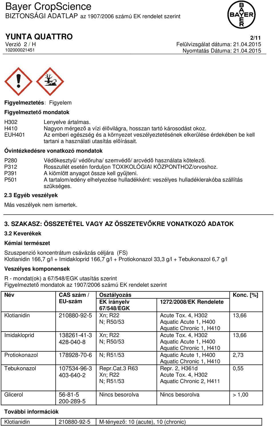 3 Egyéb veszélyek Más veszélyek nem ismertek. Védőkesztyű/ védőruha/ szemvédő/ arcvédő használata kötelező. Rosszullét esetén forduljon TOXIKOLÓGIAI KÖZPONTHOZ/orvoshoz.