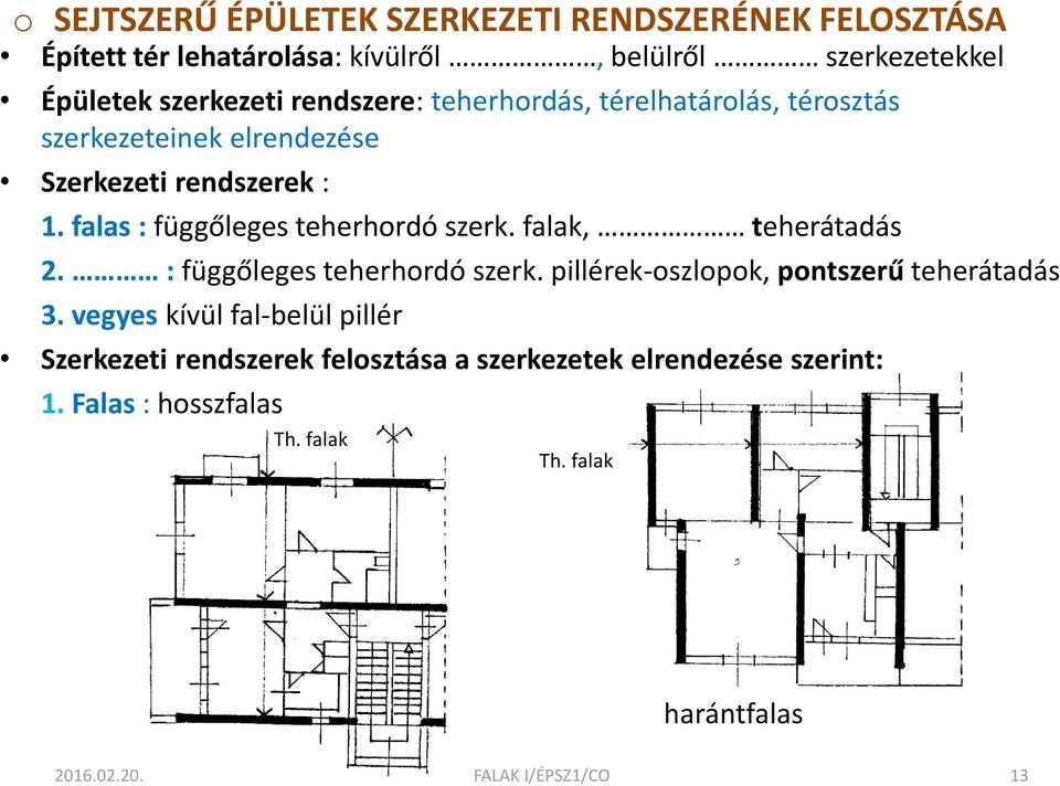 falak, teherátadás 2. : függőleges teherhordó szerk. pillérek-oszlopok, pontszerű teherátadás 3.