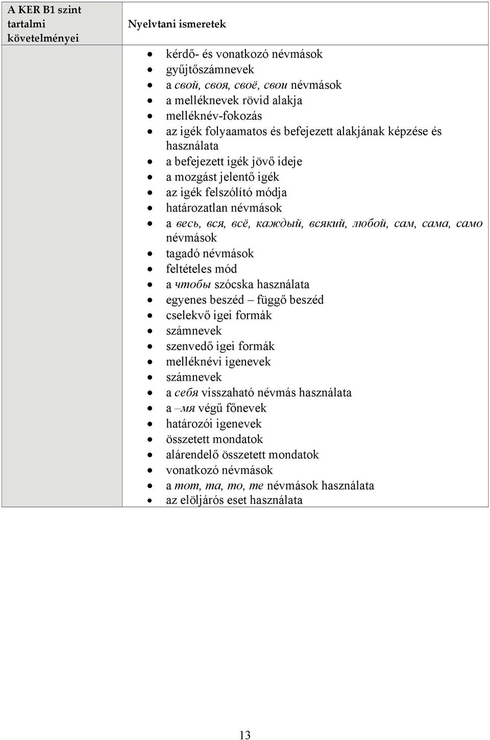 névmások tagadó névmások feltételes mód a чтобы szócska használata egyenes beszéd függő beszéd cselekvő igei formák számnevek szenvedő igei formák melléknévi igenevek számnevek a себя