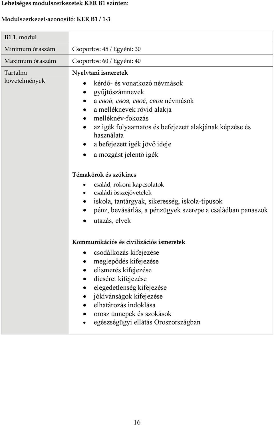 / 1 3 B1.1. modul Maximum óraszám Csoportos: 60 / Egyéni: 40 kérdő- és vonatkozó névmások gyűjtőszámnevek a свой, своя, своё, свои névmások a melléknevek rövid alakja melléknév-fokozás az igék