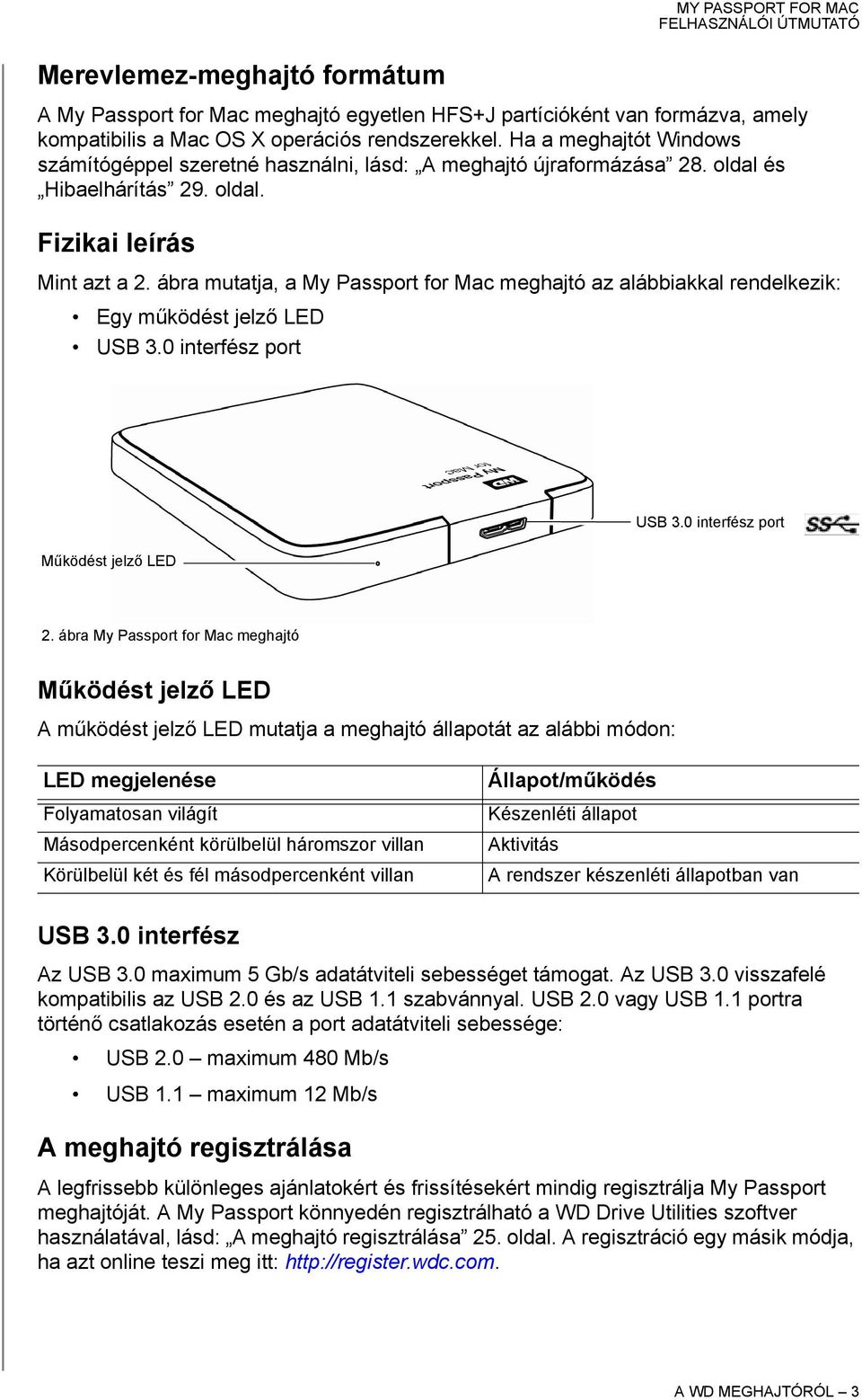 ábra mutatja, a My Passport for Mac meghajtó az alábbiakkal rendelkezik: Egy működést jelző LED USB 3.0 interfész port Működést jelző LED USB 3.0 interfész port 2.