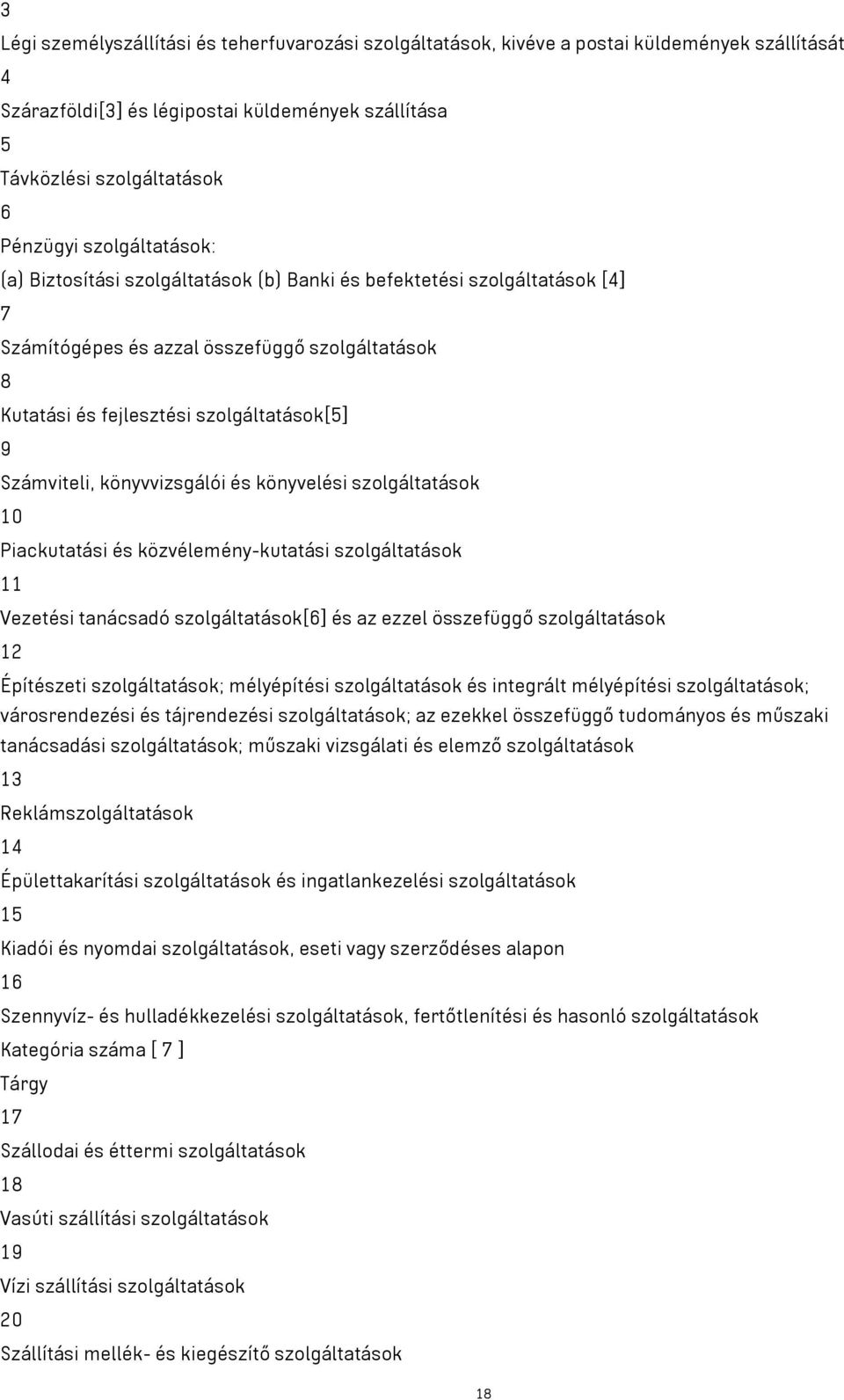 könyvvizsgálói és könyvelési szolgáltatások 10 Piackutatási és közvélemény-kutatási szolgáltatások 11 Vezetési tanácsadó szolgáltatások[6] és az ezzel összefüggő szolgáltatások 12 Építészeti