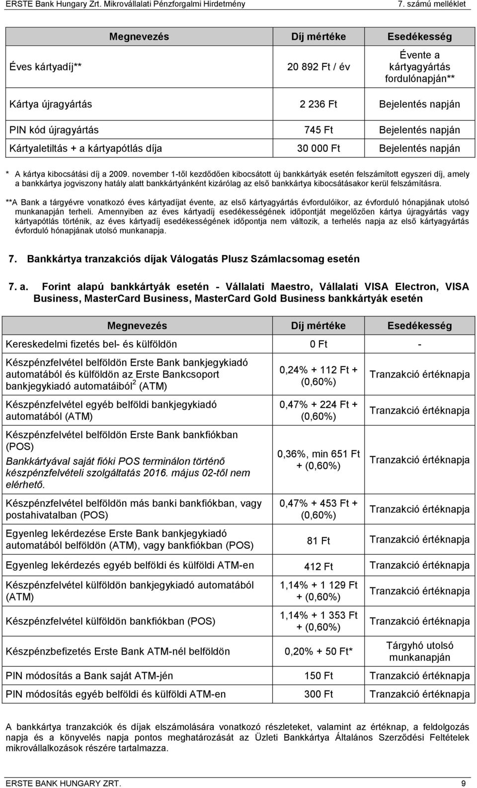 november 1-től kezdődően kibocsátott új bankkártyák esetén felszámított egyszeri díj, amely a bank jogviszony hatály alatt bankkártyánként kizárólag az első bank kibocsátásakor kerül felszámításra.