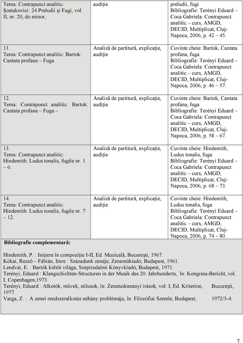 Cuvinte cheie: Bartok, Cantata profana, fuga Napoca, 2006, p. 58 67. Cuvinte cheie: Hindemith, Ludus tonalis, fuga Napoca, 2006, p. 68 73.