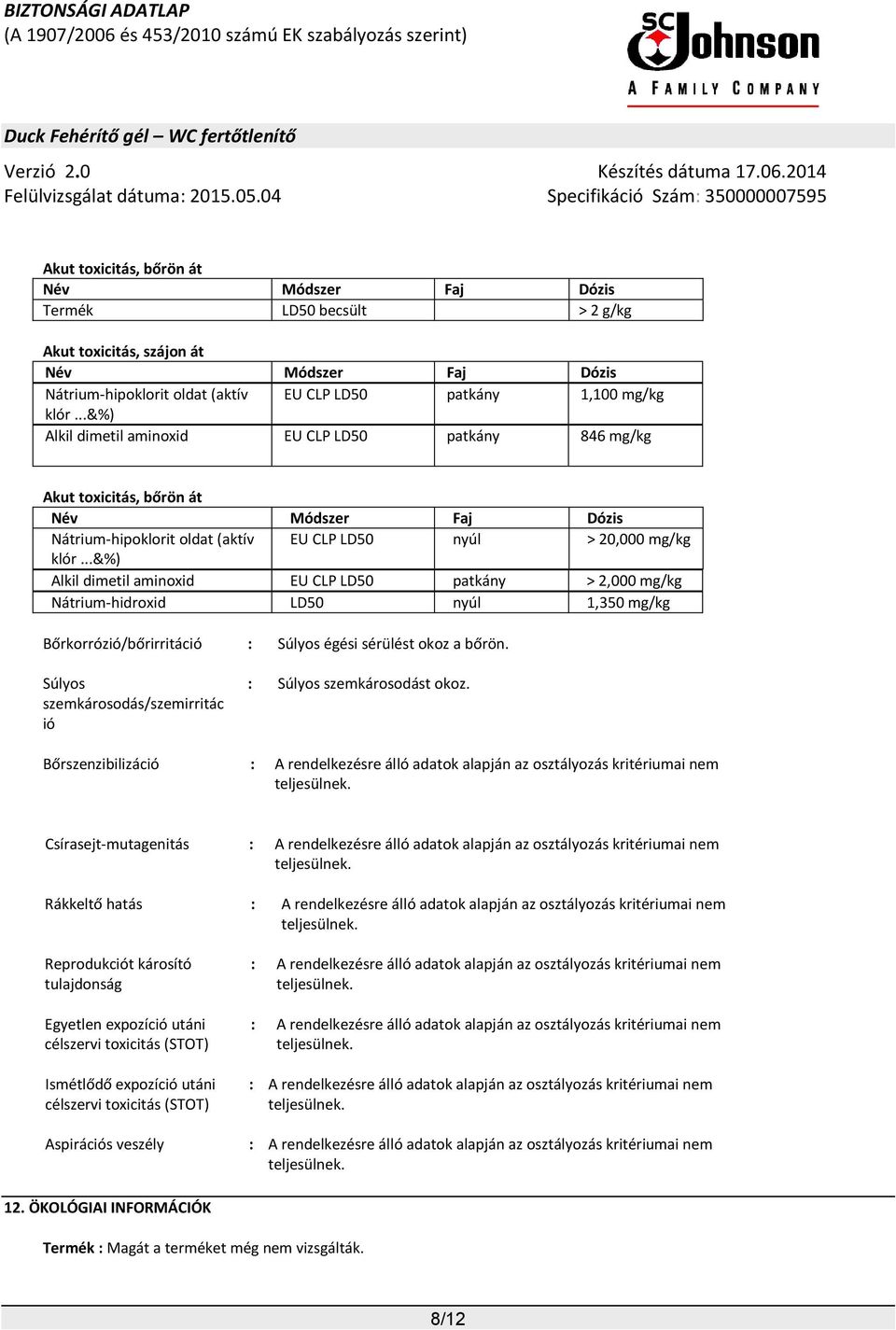 ..&%) Alkil dimetil aminoxid EU CLP LD50 patkány > 2,000 mg/kg Nátrium-hidroxid LD50 nyúl 1,350 mg/kg Bőrkorrózió/bőrirritáció : Súlyos égési sérülést okoz a bőrön.